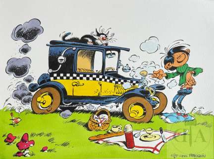 André Sipp/Gaston. Dessin Original Réalisé En Hommage À Franquin. Superbe Qualité D’exécution Qui Illustre La Maîtrise Technique de L’artiste. Encre de Chine Et Aquarelle Signée. Tbe+. 41 X 30 Cm |  | Dagoty