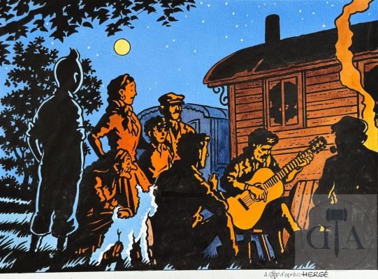 André Sipp/Tintin. Dessin original sur le thème de l‘album "Les bijoux de la Castafiore" réalisé en hommage à RG. Superbe qualité d‘exécution qui illustre la maîtrise technique de l‘artiste. Encre de Chine et aquarelle signée. TBE+. 41 X 30 cm - Lot 297 :