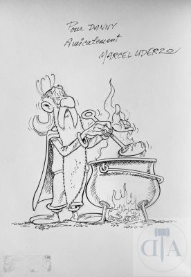 Uderzo / Astérix. Dessin Original Illustrant Panoramix Préparant de La Potion, Réalisé À L’encre de Chine Et Mine de Plomb Par Le Petit Frère D’albert, Marcel. Signé. Tbe+ Trace de Scotch En Partie Basse. 22 X 28 Cm | Uderzo / Astérix. Dessin original illustrant Panoramix préparant… | Dagoty