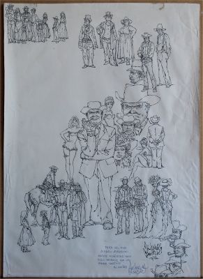 ARTURO DEL CASTILLO - Grande illustrazione di Arturo del Castillo. Matita e china su cartoncino. Dimensioni cm. 36 x 51. Firmata e datata 1976. Rimontata su cartoncino pesante per preservarne l’integrità. Come si evince dalla dedica, è un commovente omaggio di Arturo Del Castillo all’amico Alvaro Zerboni, pubblicato nel 2013 sul libro autobiografico di Alvaro Zerboni ‘Una vita come un romanzo a fumetti’.