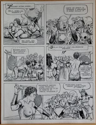 Averardo Ciriello | Tavola originale per Amazzoni 2 ‘Il potere dei Gong’. Cm. 33 x 43. Anno di esecuzione 1982. Pag 43. Insieme alla tavola viene data anche una blueline colorata a mano dal colorista Rovatti. | Art e Fumetto