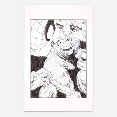 Shawn McManus | Lot 344 - Rhino vs. Spiderman Original Art Illustration (2023) | Landry Pop Auctions