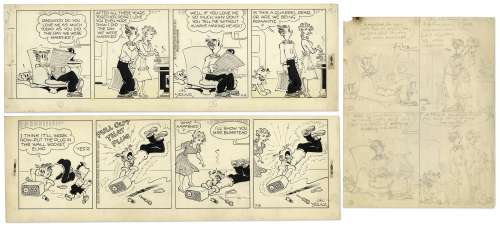 2 Chic Young Hand-Drawn ’’Blondie’’ Comic Strips From 1957 -- With Chic Young’s Original Preliminary Artwork for One | Nate Sanders