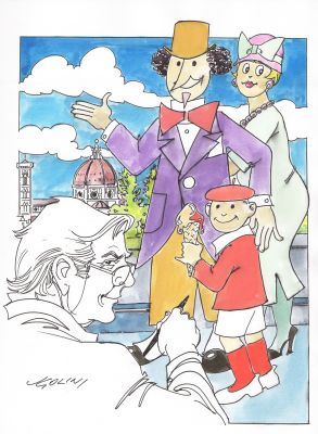 Loredano Ugolini | Sor Pampurio con la famiglia a Firenze (autoritratto di Ugolini) | Tavole Originali