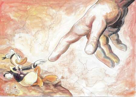 Donald Duck Inspired by Michelangelo’s "The Creation of Adam" - Original Painting - Tony Fernandez | Catawiki
