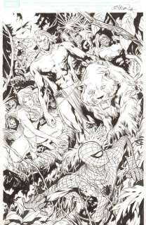 Billy Tan - new avengers #41 p. 5 - spider-man in the jungle with ka-zar, shanna, and zabu splash - 2008 signed