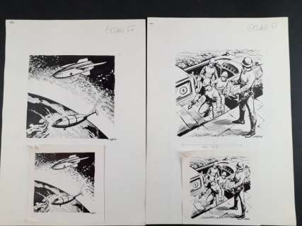 E. Tonelli | Cosmo Ponzoni n. 55 - E. Tonelli - 2x Illustrazioni Originali Firmate "Cosmo Fantascienza" + 2x Prove di Stampa - Page volante - Exemplaire unique | Catawiki