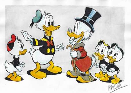 Millet | Scrooge McDuck, Huey, Dewey, Louie & Donald Duck - Millet - Original Drawing | Catawiki