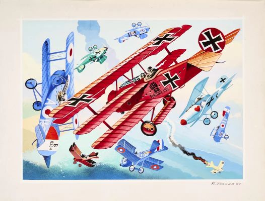 Ron Turner signed original artwork (1987) The Red Baron WW1 Dogfight, reproduced on page 261 of ’The | Comic Book Auctions ltd