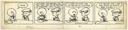 Charles Schulz Original Hand-Drawn ‘‘Peanuts‘‘ Comic Strip From 1952 -- Charlie Brown & Patty Play Bridge