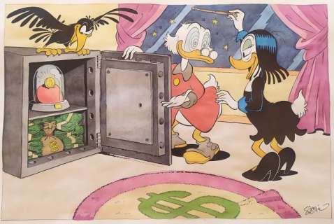Sergio Garrido | Uncle Scrooge - "Open the safe politely" - Original watercolour painting by Sergio Garrido - Exemplaire unique | Catawiki