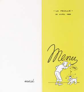 Hergé - Â« La Feuillie Â» : Menu original comprenant plusieurs dessin inédits | Millon