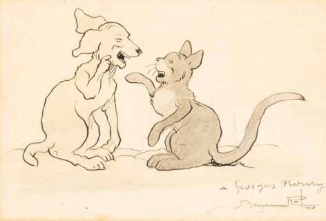 Rabier Benjamin | Â«Discussion entre Chien et ChatÂ». Dessin Ã  l’encre de Chine | Tessier Sarrou