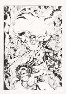 Howard Porter and John Dell Wizard JLA Illustration Original Art (undated). The powerhouse superheroes of DC - | Heritage
