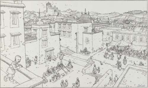 Arno (Arnaud Dombre) | Au pays du Tibet Illustration Originale (Le pavé dans la BD, 1991). Arno (Arnaud Dombre) Au pays du Tibet Illustration Original Art (Le pavé dans la BD, 1991). | Heritage