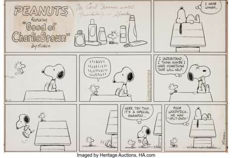 Schulz, Charles | Charles Schulz Peanuts Sunday Comic Strip Snoopy Original Art dated 6-11-72 (United Feature Syndicate, 1972).... | Heritage