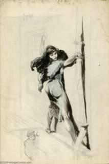 Frank Frazetta - Original Sketch, Woman Escaping (undated). A beautiful unfinished drawing of a woman precariously - | Heritage