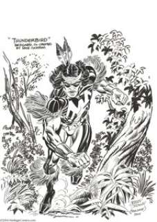 Jerry Ordway - Thunderbird Pin Up Original Art (2004).  Thunderbird blazes a footpath through the woodlands, at a -