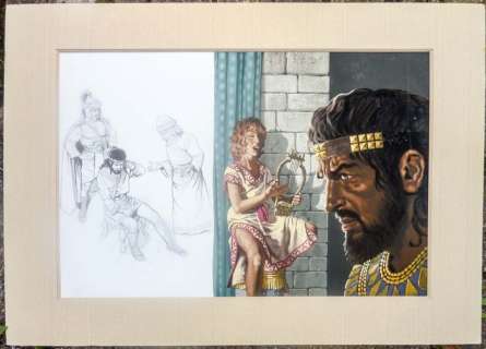Torton, Jean - 1 Original colour drawing - La Fresque Biblique - Roi et harpiste | Catawiki