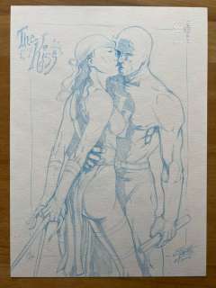 Luca Erbetta - 1 Original drawing - Daredevil and Electra - The Kiss - Blue Illustration - 2002