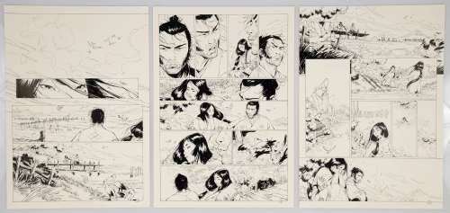 Cristina Mormile (1983-) - Samurai T11. Le sabre et le lotus. 3 Planches originales (p.17) + (p.18) + (p.19). Encre de Chine.…