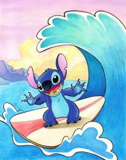 Jordi Juan Pujol - Stitch Surfing the Hawaiian Waves - Lilo & Stitch (2002) - Original Watercolor Painting - Hand | Catawiki
