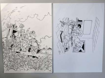 Stédo Original cover - Les Pompiers - T 23 - "Le coup du lapin" + dessin page titre (encrages) - 2024 | Catawiki