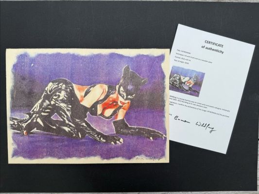 Emma Wildfang - 1 Original drawing - Catwoman - Ink and Chark Coal on a Wooden Plate (incl. Certificate) - 2018 | Catawiki