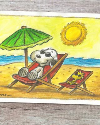 Joan Vizcarra Peinture originale - Snoopy & Woodstock Beach Vacation - Hand Signed Original Gouache Artwork | Catawiki