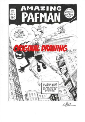 Joaquín Cera | Original drawing- Pafman Parody Amazing fantasy #15 + Cómic Lo mejor de Pafman (Dedicated) – Cera | Origin Of Comics