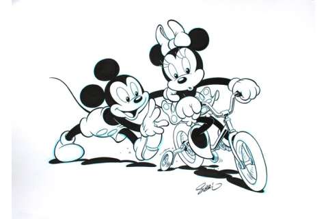 Garrido, Sergio | Original drawing  - Mickey and Minnie bicycle training | Catawiki