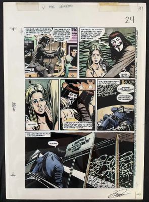 V FOR VENDETTA #1 Page 21 (DC Comics, 1988) original colour production art with black acetate | Excalibur Auctions