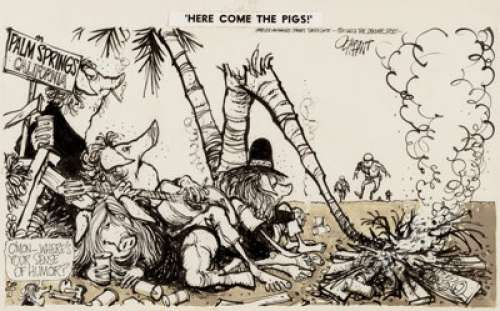 Pat Oliphant Here Come the Pigs! Editorial Comics Panel Original Art (Denver Post/L.A. Times Syndicate, 1969). - | Heritage