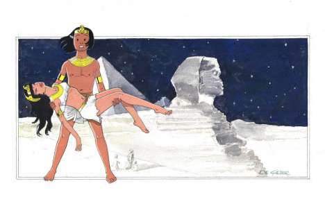 LucienÂ DE GIETER - Illustration aquarellée originale sur le thème de PAPYRUS - Théti-Chéri dans les bras de Papyrus -