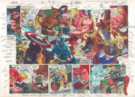 John Kalisz, Steve Epting, Tom Palmer | Avengers #375 Pgs. 6 & 7 Color Guide Art - Great Captain America, Black Widow, Giant-Man, And Thunderstrike Action Dps - 1994 | Anthony’s Comic Book Art