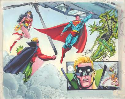 John Kalisz, Val Semeiks | Dc 2000 #1 Pgs. 22 & 23 Color Guide Art - Superman, Wonder Woman, Green Lantern, Hawkman, & Hawgirl Dps - 2000 | Anthony’s Comic Book Art