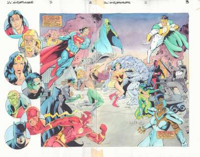Anibal Rodriguez, Jeff Johnson, John Kalisz | Justice League: a Midsummer’s Nightmare #3 Pgs. 2 & 3 Color Guide Art - Great Jla Team Dps - 1996 | Anthony’s Comic Book Art