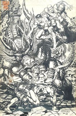 Joe Rubinstein Mike Nasser | Challengers of the Unknown Vs Fin Fang Foom (2014) Large | Will’s Comic Art Page