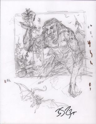 Brian Snoddy | Giant Troll Grabbing Knight & Small Dragon Pencil Sketch - Signed | Anthony’s Comic Book Art