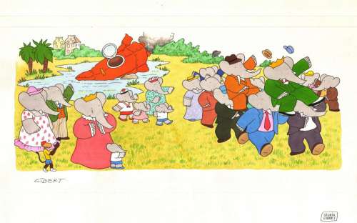GIBERT Jean-Claude - Très grande Illustration de BABAR à l‘aquarelle publiée