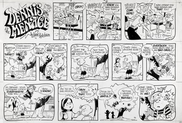 Hank Ketcham | Ketcham, Hank - Dennis the Menace Sunday 9/8 1974 - Dennis Caught By Mom & Hides From Gina & Joey | Cool Lines Art