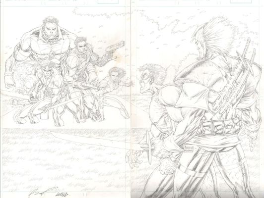 Rob Liefeld - X-Force #3 P 2-3 Double Spread Splash (Entire 5 Member X-Force Team Confronts Cannonball & Spectre!) 2004