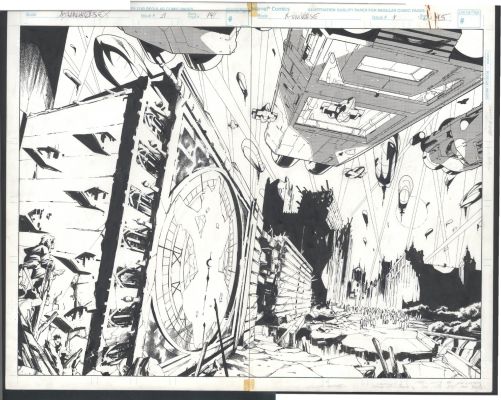 Carlos Pacheco Cam Smith | Great Pacheco X-Universe # 1 Double Page Splash - Alien Forces Decimate the Earth Issue X-Universe # 1 Page Dps | Koch Comic Art