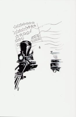Karl Moline | Train W/American Flag Ink Art | Anthony’s Comic Book Art
