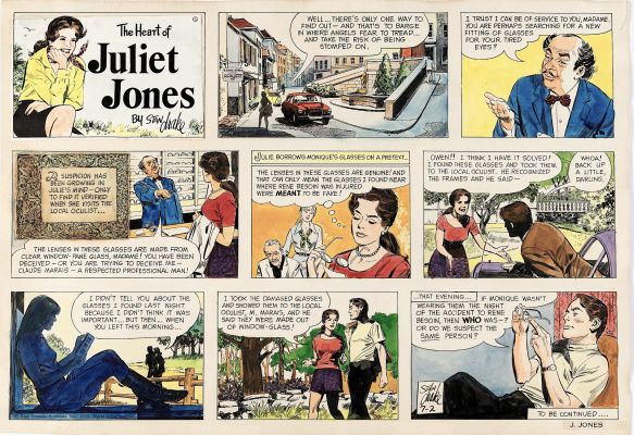 Stan Drake | Rake, Stan - Juliet Jones Sunday 7/2 1972, Hand-Colored Ink Art, Julie Finds Clue in Glasses | Cool Lines Art
