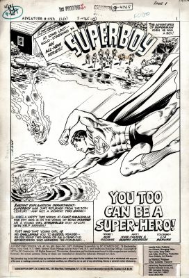 John Calnan, Murphy Anderson | Adventure Comics #453 P 1 Splash (Murphy Anderson Inks! Large Superboy Flies To Save Drowning Girl!) 1977 | Romitaman