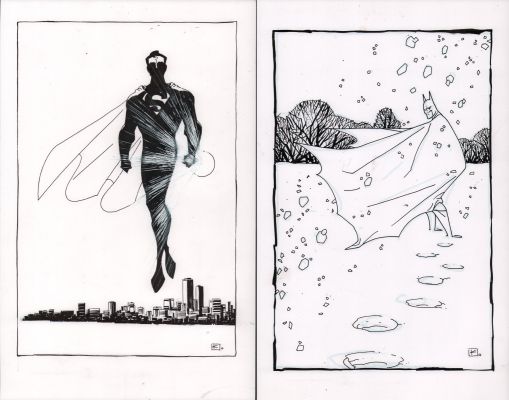 Unknown Artist? | Batman & Superman 2Pc Commissions - Signed ’K’ | Anthony’s Comic Book Art