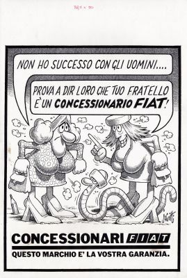 Benito Jacovitti | Jacovitti - Advertisement For Fiat Dealer: Success with Men | ComicArtFans Classifieds