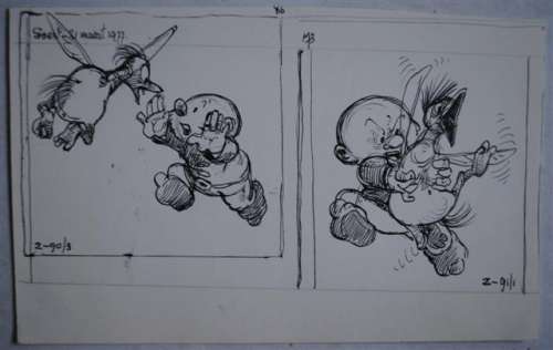 JEAN DULIEU: Originele schets Paulus de boskabouter vangt een vreemde vogel. | Zwiggelaar Auctions