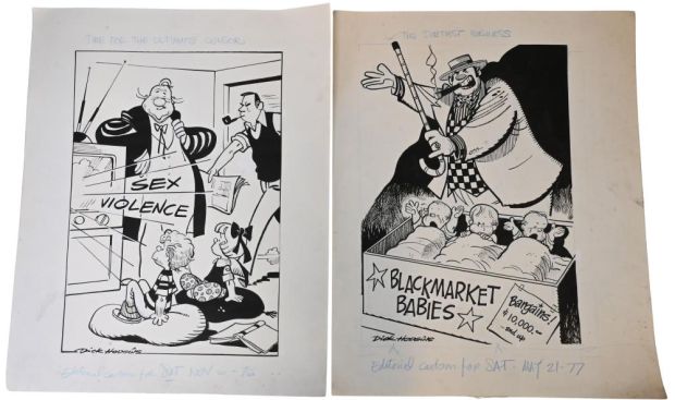 Lot 108 - 9 Dick Hodgins (American 20th Century), Original Editorial Cartoons Nine original pen and ink editorial cartoons on… | misc / divers